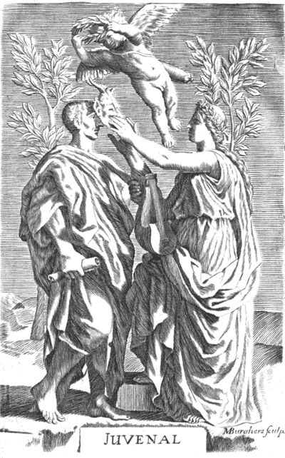 Engraving of Juvenal being crowned with laurel