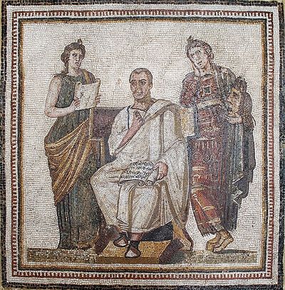 Roman mosaic of Virgil seated between two Muses